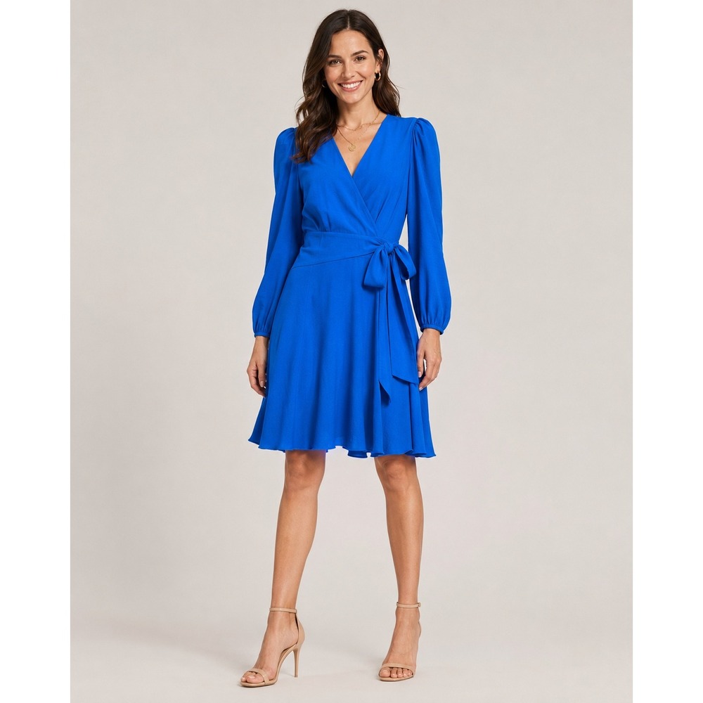 Alex Marie Royal Blue Wrap Dress Puff Sleeve V-Neck Cocktail Wedding Size 4